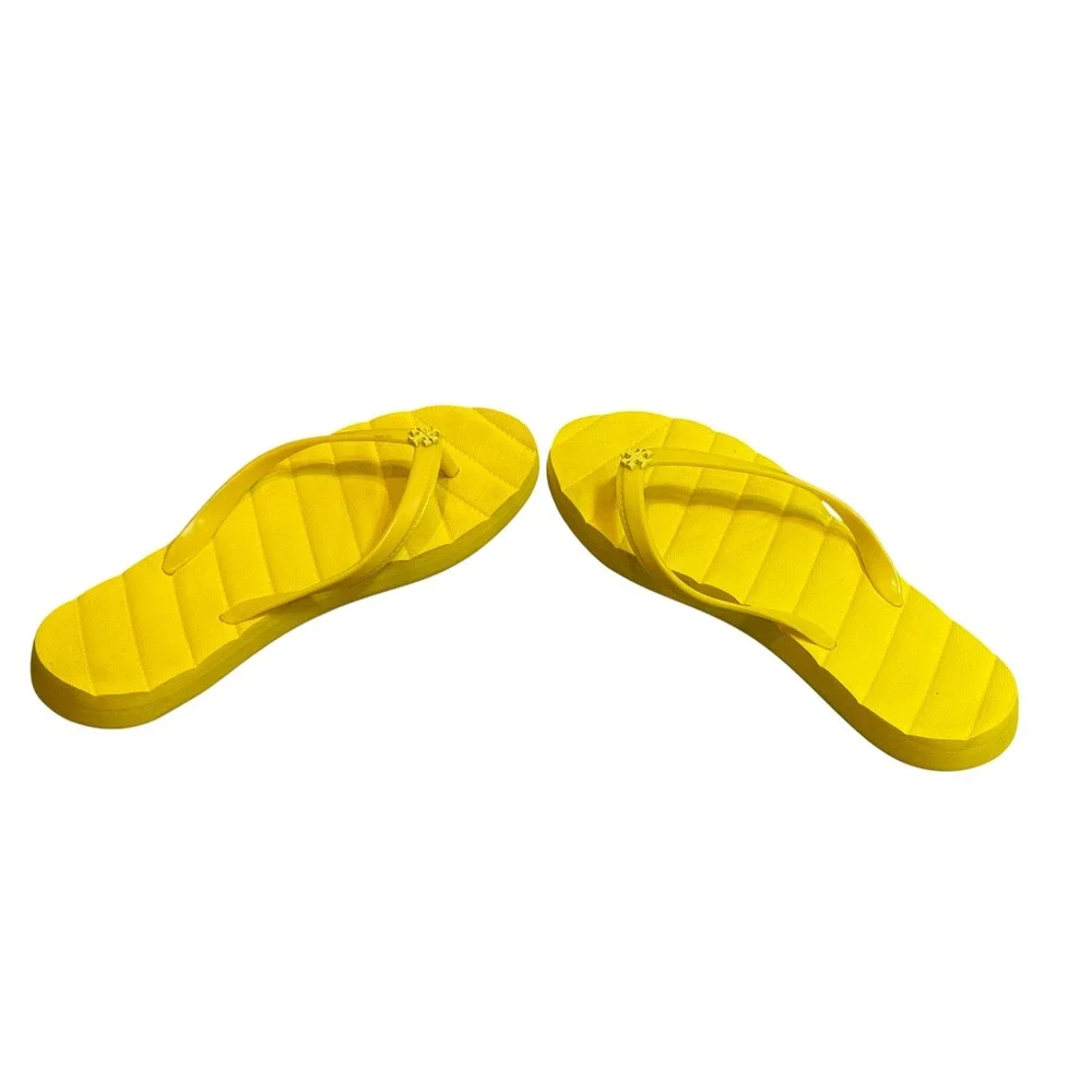 Tory Burch Yellow Quilted Texture Flip Flops Double T Logo Sandals Women Size 9